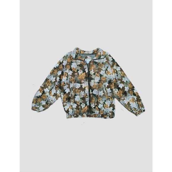 Vintage Casual Corner Women's Bomber Jacket Size M Silk Zip Up Leaf Fall Print - Picture 2 of 6